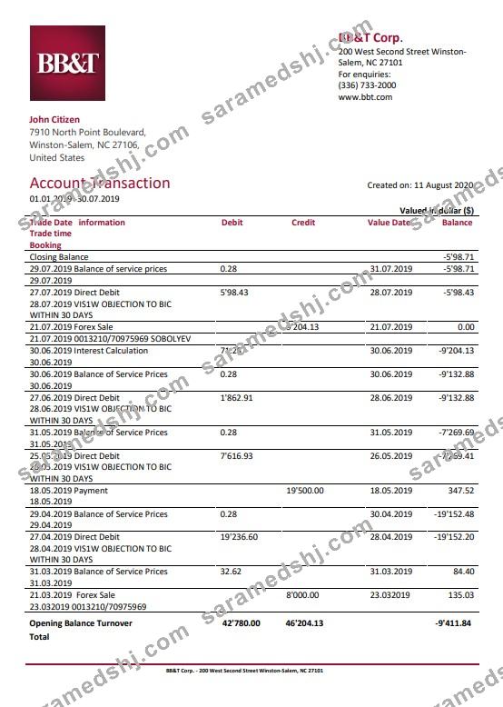 USA North Carolina BB&T Corp. bank statement template in Word and PDF format